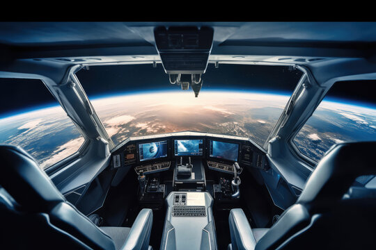 Spaceship Interior in Earth Orbit extreme closeup. Generative AI