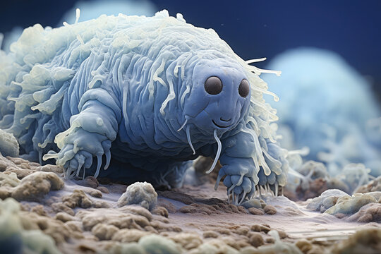 Microscope View of a Tardigrade and some Bacterias extreme closeup. Generative AI