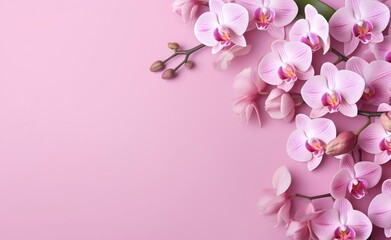 A bouquet of orchid flowers on pink background.