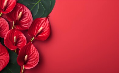 Red anthurium flowers on red background.  - obrazy, fototapety, plakaty