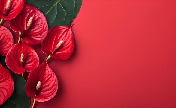 Red anthurium flowers on red background. 
