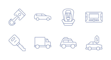 Fototapeta na wymiar Car icons. Editable stroke. Containing piston, suv, baby car seat, car radio, car key, box car, car.