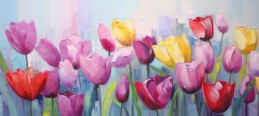 Spring summer tulips flower background banner panorama - Abstract oil acrylic painting of colorful tulip field on canvas - obrazy, fototapety, plakaty