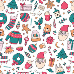 Christmas seamless pattern with cute doodles for textile prints, wallpaper, backgrounds, scrapbooking, wrapping paper, cards, posters, etc. EPS 10