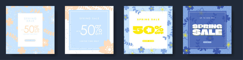 Set of Spring Sale Poster Cards on gradient backgrounds, Trendy and colorful floral designs with 50% off discount tag, spring sale typography. Vector Illustration. 
