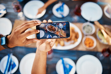 Selfie, phone screen and hands, food and table, nutrition and influencer with blog, social media...