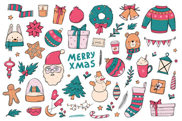 set of Christmas doodles, cartoon elements, clip art for stickers, prints, sublimation, signs, cards, posters, etc. EPS 10