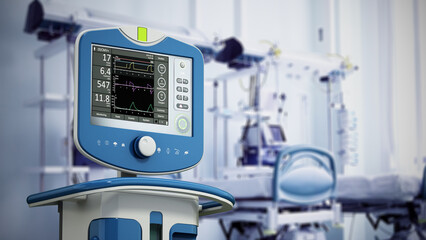 Medical ventilator device in hospital room. 3D illustration - obrazy, fototapety, plakaty