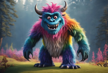 Happy and furry colorful monster. Generative AI