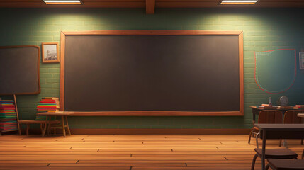 Empty Classroom Background with Chalkboard. Tables and seats on wooden floor. Education and Back to school concept. Architecture interior.