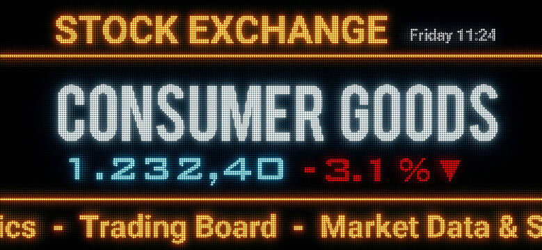 Consumer Goods index. Stock market data, consumer goods stocks price information and percentage changes on a screen. Stock exchange, business, sector index and trading concept. 3D illustration
