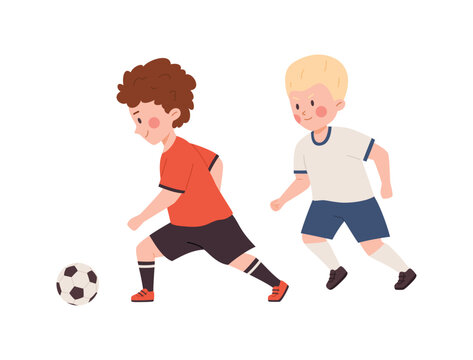 Little children play football, happy two boys playing soccer, healthy sport team game vector isolated illustration