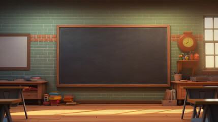 Empty Classroom Background with Chalkboard. Tables and seats on wooden floor. Education and Back to school concept. Architecture interior.