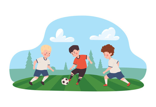 Little children play football, happy boys playing soccer at the stadium on lawn, vector healthy sport team game outside