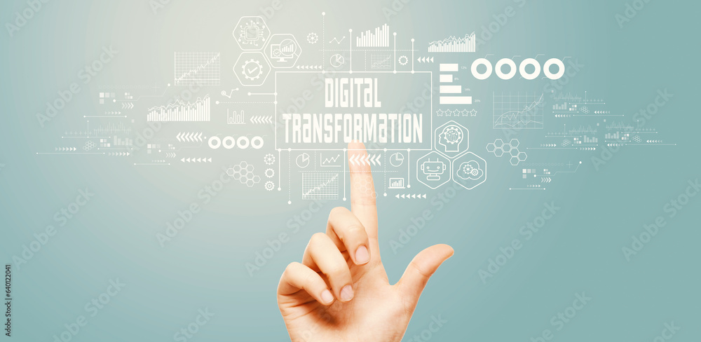 Poster digital transformation and technological revolution concept with hand pressing a button on a technol