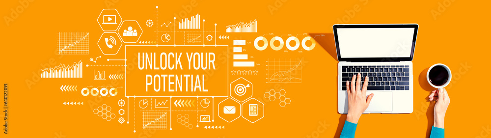 Poster unlock your potential theme with person using a laptop computer