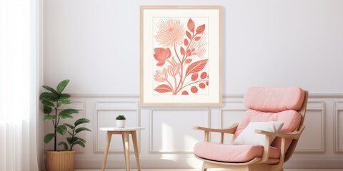 Abstract paper cut floral poster on the white wall and recliner chair. Interior design of modern living room.
