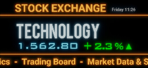 Fototapeta premium Technology index. Stock market data, technology stocks price information and percentage changes on a screen. Stock exchange, business, sector index and trading concept. 3D illustration