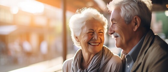 Happy elderly couple blurred background. Generative AI