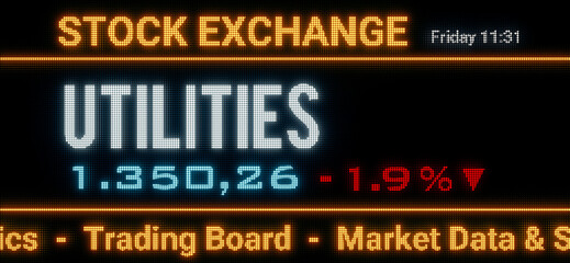 Fototapeta premium Utilities index. Stock market data, utilities stocks price information and percentage changes on a screen. Stock exchange, business, sector index and trading concept. 3D illustration