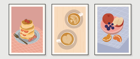 Dessert and fruit wall art vector set. Hand drawn doodle design with pancake, coffee, apple, strawberry, orange. Illustration for print, wallpaper, cover, restaurant picture decoration, cafe interior. - obrazy, fototapety, plakaty