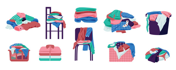 Clothes in piles and stacks. Dirty laundry bundle, messy stacks of clothes, chore of washing and drying. Vector messy laundry illustration - obrazy, fototapety, plakaty