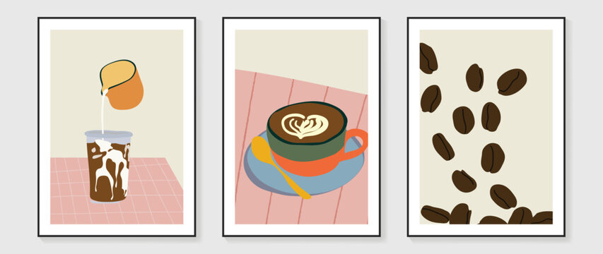 Drink and beverage wall art vector set. Hand drawn doodle design with coffee glass, coffee beans. Illustration for print, wallpaper, cover, restaurant picture decoration, cafe interior.