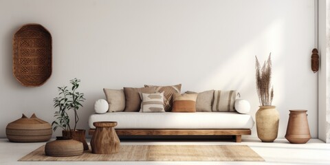 Fototapeta na wymiar Boho interior design of modern living room with empty white wall background