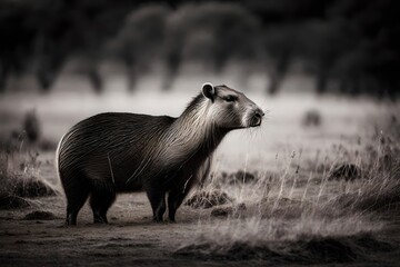 A black and white image of a capybara standing in a grassy plain