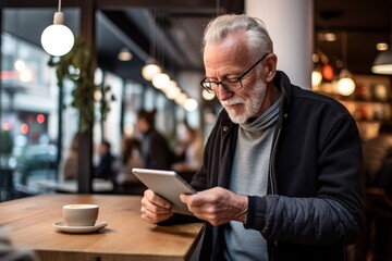 Fototapeta premium elderly gentleman, with silver hair and weathered hands, navigating a sleek tablet device