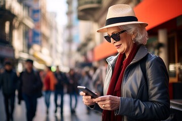 an elderly lady, chic with her stylish sunglasses and hat, consulting a smartphone for directions....