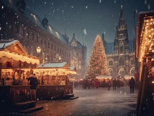 Fototapeta na wymiar Generative AI illustration of crowd of people walking on retro European city square in Christmas market with decorated trees by classic buildings at night