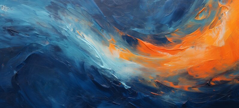 Closeup of abstract rough colorful blue orange complementary colors art painting texture background wallpaper, with oil or acrylic brushstroke waves, pallet knife paint on canvas