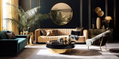 Hollywood regency style interior design of modern living room with golden decor