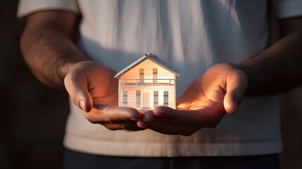 Miniature house in hand, real estate concept, home purchase.