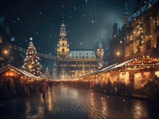 Fototapeta premium Generative AI illustration of crowd of people walking on retro European city square in Christmas market with decorated trees by classic buildings at night