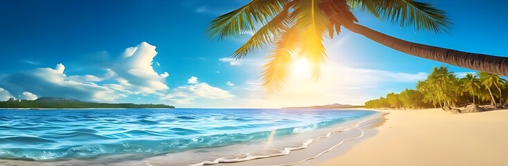 Panorama tropical paradise beach island with palm tree. Best for wide banner, Web header. 8k resolution