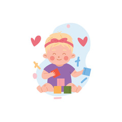 Cheerful toddler girl sitting collects pyramid of colored cubes, cartoon baby playing toys, constructor vector education