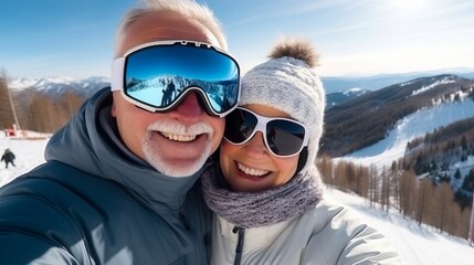 Fototapeta na wymiar Happy Elderly Couple at Ski Resort. Generative AI