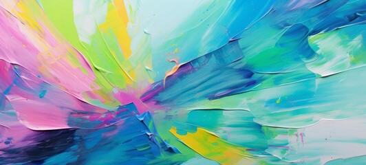 Closeup of abstract rough colorful neon colors painting texture, with oil brushstroke, pallet knife paint on canvas - Art background illustration