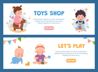 Cute babies playing toys vector flyers set, toddlers collects pyramid, rides on rocking horse, cartoon toys shop banners