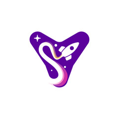 Letter Y logo with rocket launch trail, planets, and stars. Negative space style icon. Vector typeface for science identity, planet travel app, chemistry posters, jet company, and biology advertising.