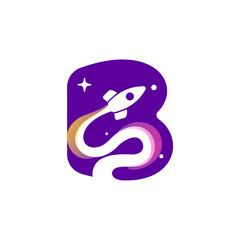 Letter B logo with rocket launch trail, planets, and stars. Negative space style icon. Vector typeface for science identity, planet travel app, chemistry posters, jet company, and biology advertising.