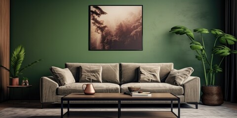 Interior design of living room with coffee table and green armchair, mock up poster on the wall