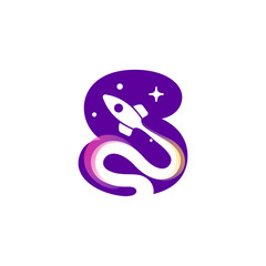 Letter S logo with rocket launch trail, planets, and stars. Negative space style icon. Vector typeface for science identity, planet travel app, chemistry posters, jet company, and biology advertising.