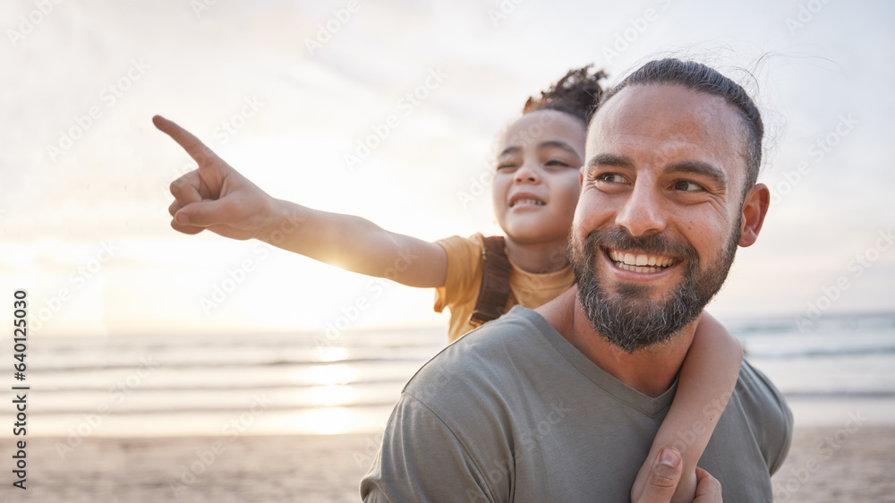 Poster Beach, sunset and father carrying his child for a walk on a family summer vacation or holiday. Adventure, explore and girl kid pointing at the view and bonding with dad by the ocean on a weekend trip