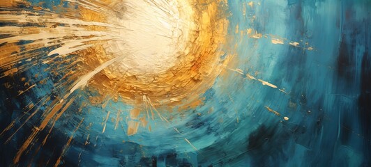 Closeup of abstract rough gold blue sun explosion painting texture, with oil brushstroke, pallet knife paint on canvas - Art background illustration - obrazy, fototapety, plakaty