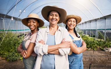 Farming, portrait of group of women in greenhouse and sustainable small business in agriculture....