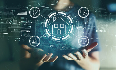 Real estate theme with young man in the night