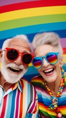 Obraz premium Happy Elderly Couple with Rainbow Background. Generative AI